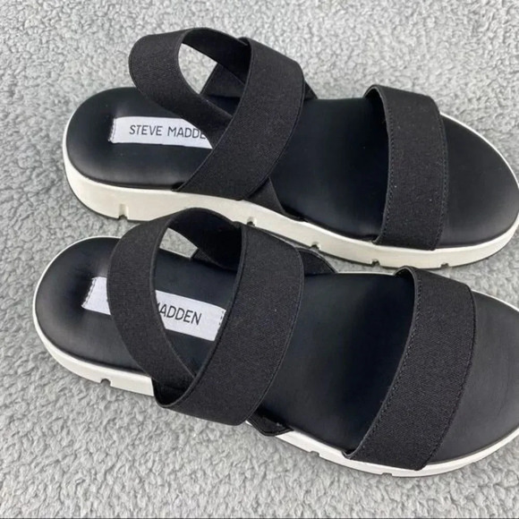 STEVE MADDEN GAVIA Sandals Womens 9 Strappy Black White Sling Back Elastic Strap - Picture 11 of 13